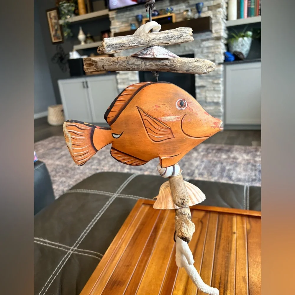 Hawaiian Folk Art Fish Mobile Carved Fish, Driftwood Sea Shells Coral